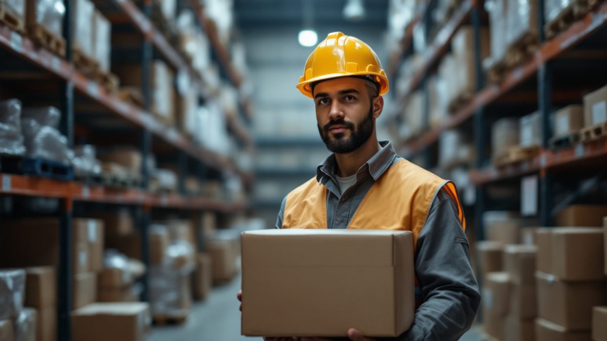 un-travailleur-portant-un-equipement-de-securite-dans-un-entrepot-calme-entoure-detageres-remplies-de-cartons-avec-une-lumiere-naturelle-douce-qui-cree-une-ambiance-sereine
