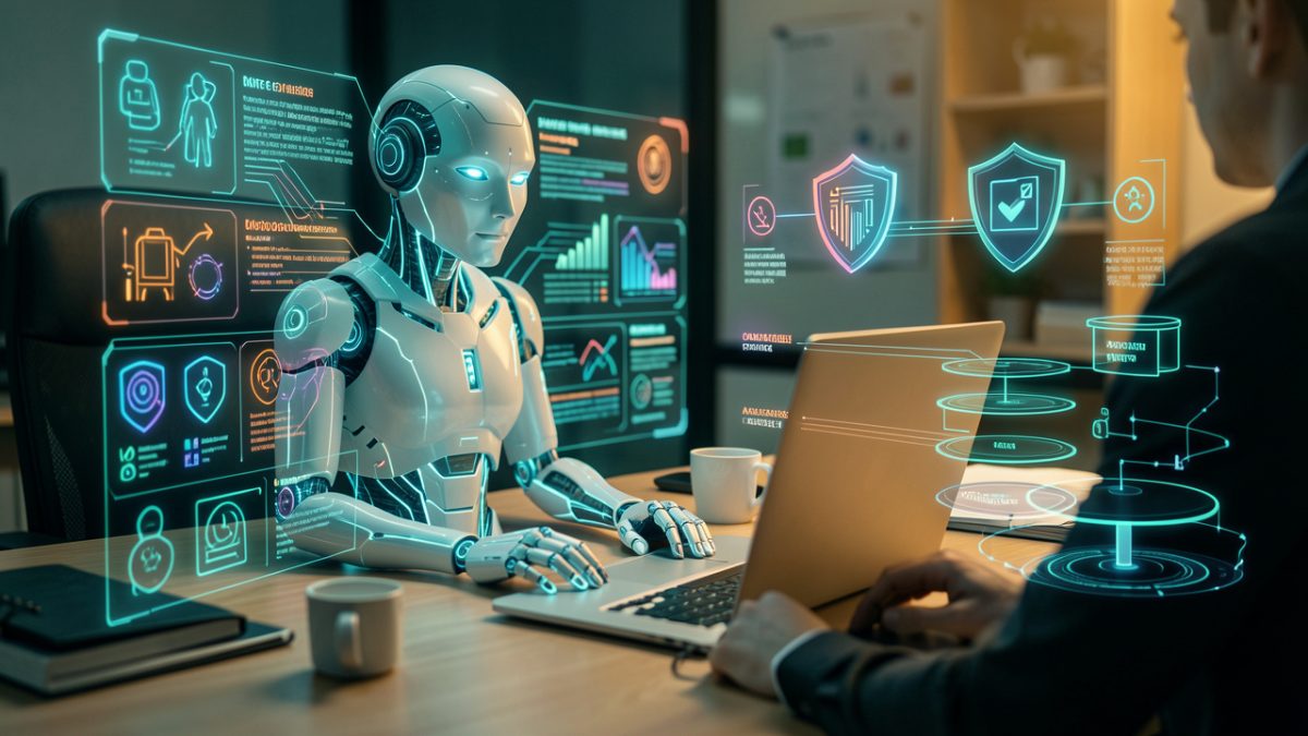 Illustration éditoriale photoréaliste d’une entreprise évaluant un agent IA avec des schémas abstraits de cybersécurité, des flux de données et des contrôles d’accès autour d’un ordinateur, sans texte lisible.