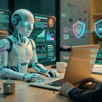 Illustration éditoriale photoréaliste d’une entreprise évaluant un agent IA avec des schémas abstraits de cybersécurité, des flux de données et des contrôles d’accès autour d’un ordinateur, sans texte lisible.