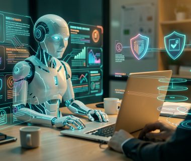 Illustration éditoriale photoréaliste d’une entreprise évaluant un agent IA avec des schémas abstraits de cybersécurité, des flux de données et des contrôles d’accès autour d’un ordinateur, sans texte lisible.