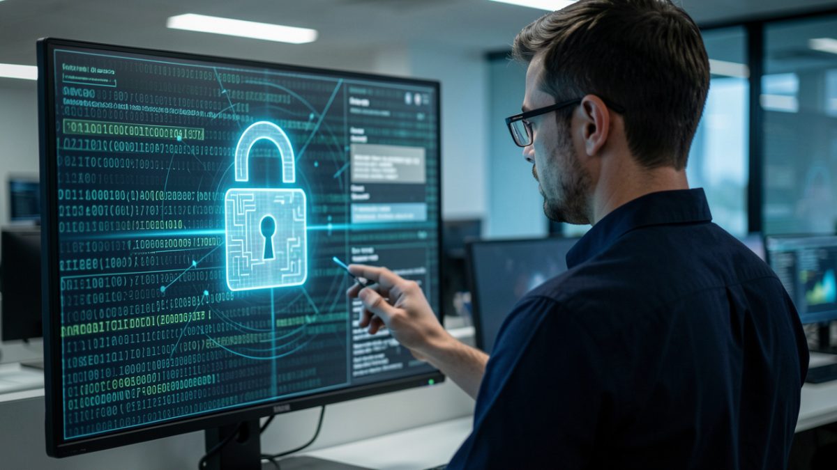 Un analyste en cybersécurité observe une interface d’intelligence artificielle affichant des données abstraites masquées et un cadenas numérique lumineux dans un centre de sécurité moderne.