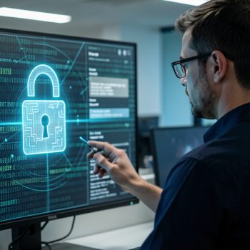 Un analyste en cybersécurité observe une interface d’intelligence artificielle affichant des données abstraites masquées et un cadenas numérique lumineux dans un centre de sécurité moderne.