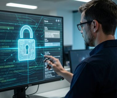 Un analyste en cybersécurité observe une interface d’intelligence artificielle affichant des données abstraites masquées et un cadenas numérique lumineux dans un centre de sécurité moderne.
