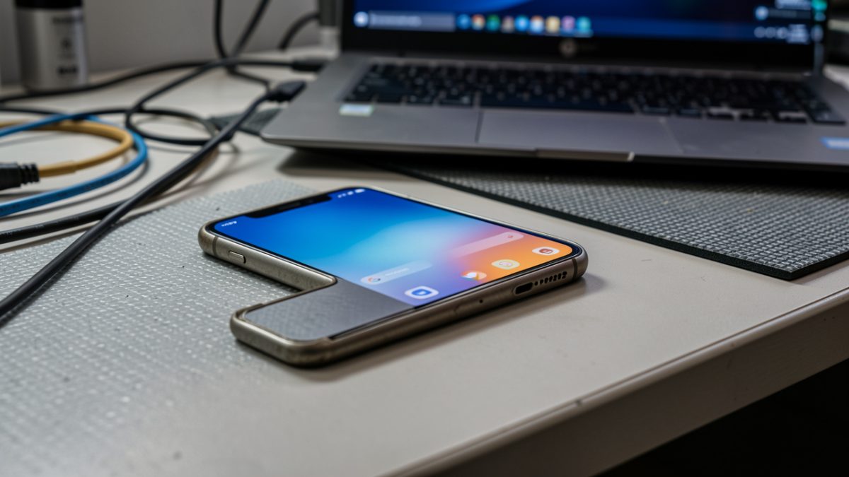 Ancien smartphone posé sur un bureau technique, ambiance cybersécurité sobre, écran affichant une interface système personnalisée sans texte lisible.