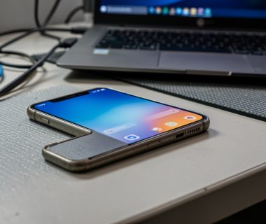 Ancien smartphone posé sur un bureau technique, ambiance cybersécurité sobre, écran affichant une interface système personnalisée sans texte lisible.