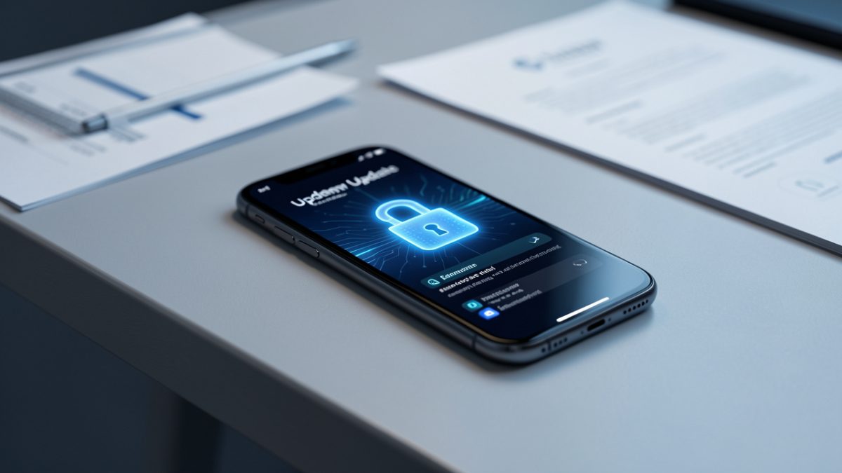 Smartphone professionnel posé sur un bureau sécurisé, avec une interface lumineuse de mise à jour abstraite, un cadenas numérique et des documents d’entreprise floutés.