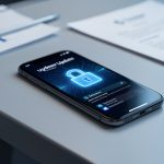 Comment installer iOS 26.6 sans exposer les données professionnelles ? Smartphone professionnel posé sur un bureau sécurisé, avec une interface lumineuse de mise à jour abstraite, un cadenas numérique et des documents d’entreprise floutés.