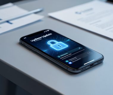 Smartphone professionnel posé sur un bureau sécurisé, avec une interface lumineuse de mise à jour abstraite, un cadenas numérique et des documents d’entreprise floutés.