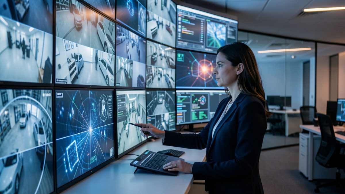 Centre de supervision moderne avec une opératrice analysant des alertes visuelles générées par l’intelligence artificielle devant un mur d’écrans de vidéosurveillance.