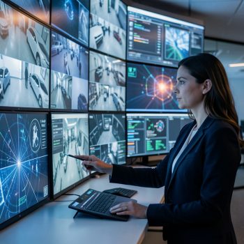Centre de supervision moderne avec une opératrice analysant des alertes visuelles générées par l’intelligence artificielle devant un mur d’écrans de vidéosurveillance.