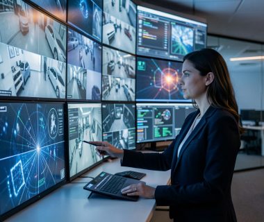 Centre de supervision moderne avec une opératrice analysant des alertes visuelles générées par l’intelligence artificielle devant un mur d’écrans de vidéosurveillance.