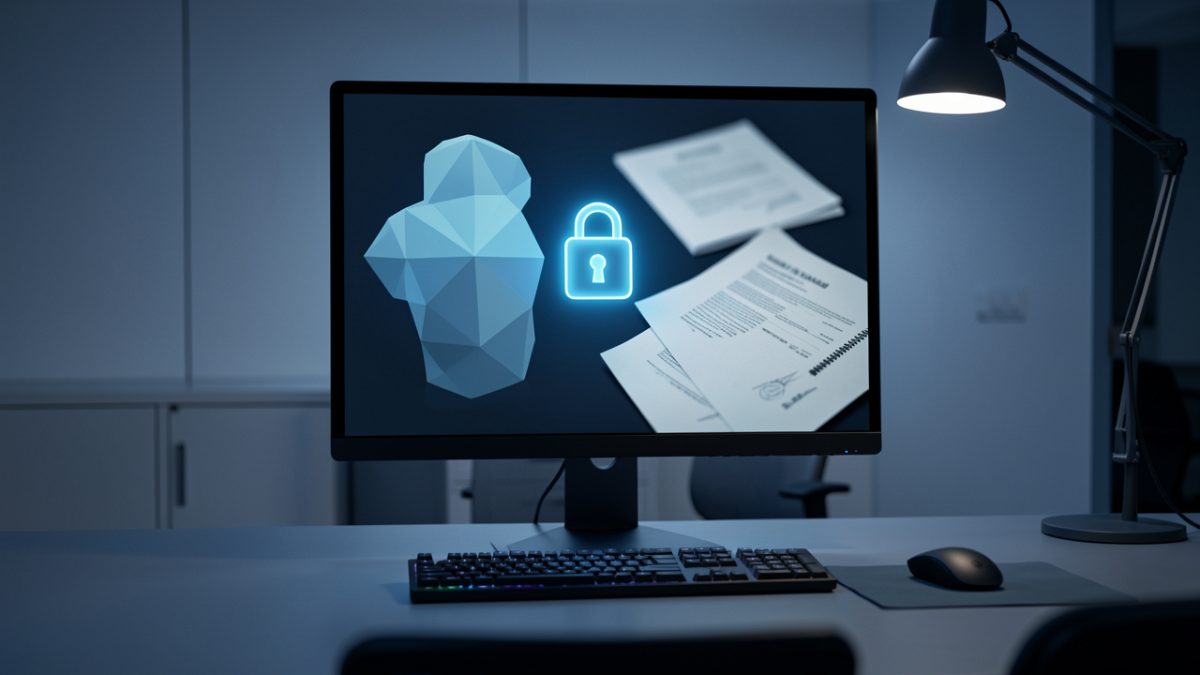Poste de travail professionnel dans une ambiance de cybersécurité sobre, avec une interface abstraite d’assistant IA, un cadenas numérique lumineux et des documents confidentiels floutés.