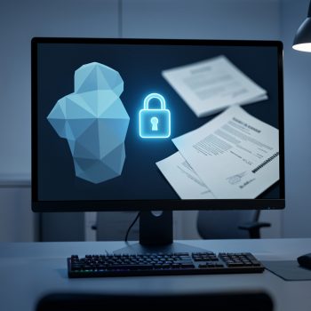 Poste de travail professionnel dans une ambiance de cybersécurité sobre, avec une interface abstraite d’assistant IA, un cadenas numérique lumineux et des documents confidentiels floutés.
