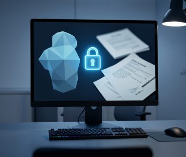 Poste de travail professionnel dans une ambiance de cybersécurité sobre, avec une interface abstraite d’assistant IA, un cadenas numérique lumineux et des documents confidentiels floutés.
