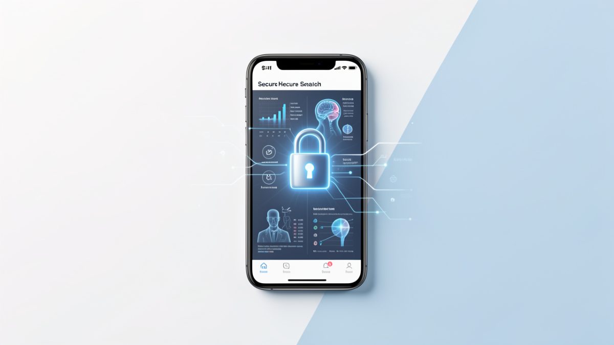 Illustration d’un smartphone affichant une application de santé sécurisée avec un cadenas numérique lumineux et des données médicales abstraites protégées.