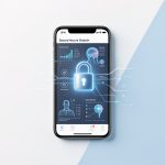 Illustration d’un smartphone affichant une application de santé sécurisée avec un cadenas numérique lumineux et des données médicales abstraites protégées.