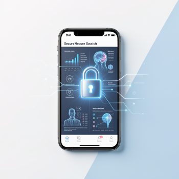 Illustration d’un smartphone affichant une application de santé sécurisée avec un cadenas numérique lumineux et des données médicales abstraites protégées.