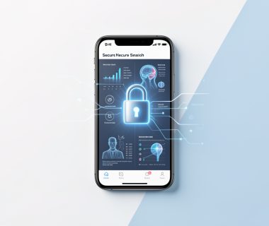 Illustration d’un smartphone affichant une application de santé sécurisée avec un cadenas numérique lumineux et des données médicales abstraites protégées.