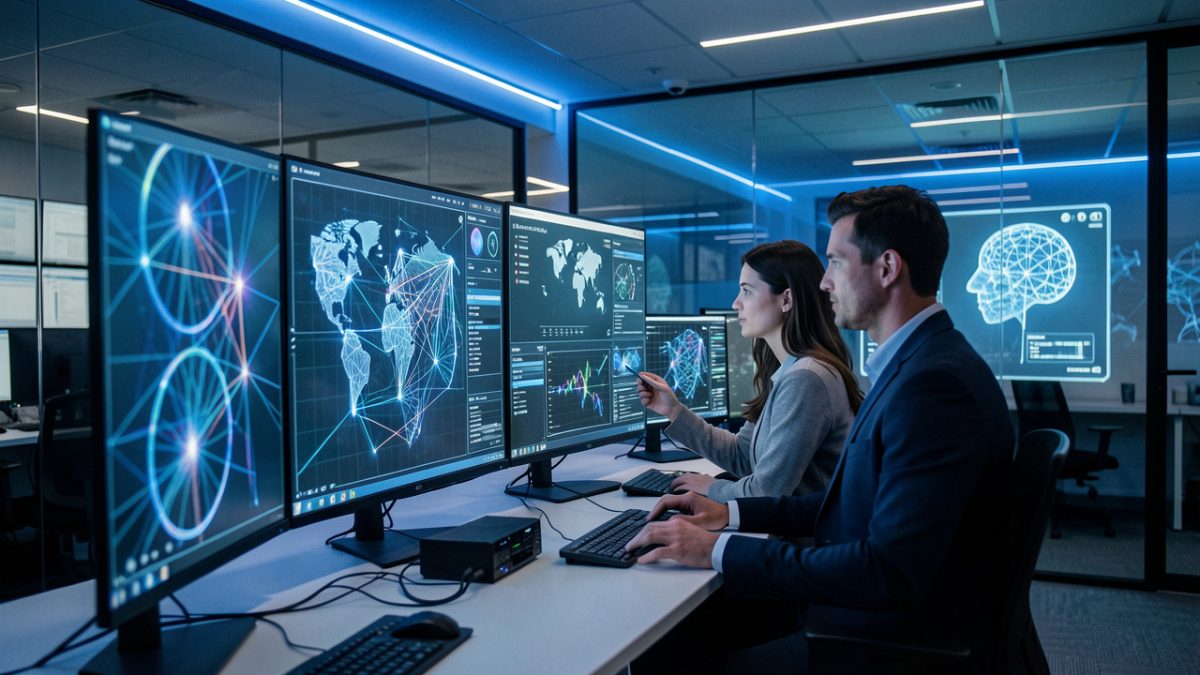 Centre opérationnel de cybersécurité moderne avec une femme et un homme analystes devant des écrans affichant des visualisations abstraites de données, des cartes de menaces et une interface d’intelligence artificielle, dans une ambiance bleue sobre et réaliste.