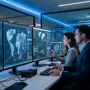 Centre opérationnel de cybersécurité moderne avec une femme et un homme analystes devant des écrans affichant des visualisations abstraites de données, des cartes de menaces et une interface d’intelligence artificielle, dans une ambiance bleue sobre et réaliste.