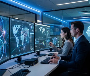 Centre opérationnel de cybersécurité moderne avec une femme et un homme analystes devant des écrans affichant des visualisations abstraites de données, des cartes de menaces et une interface d’intelligence artificielle, dans une ambiance bleue sobre et réaliste.