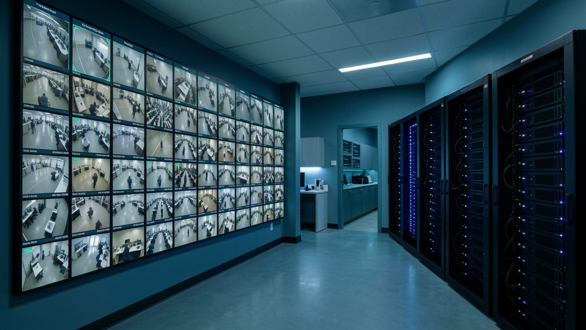 Centre de supervision sécurisé avec un mur d’écrans de vidéosurveillance, des cadres discrets d’analyse automatisée et des serveurs GPU visibles.