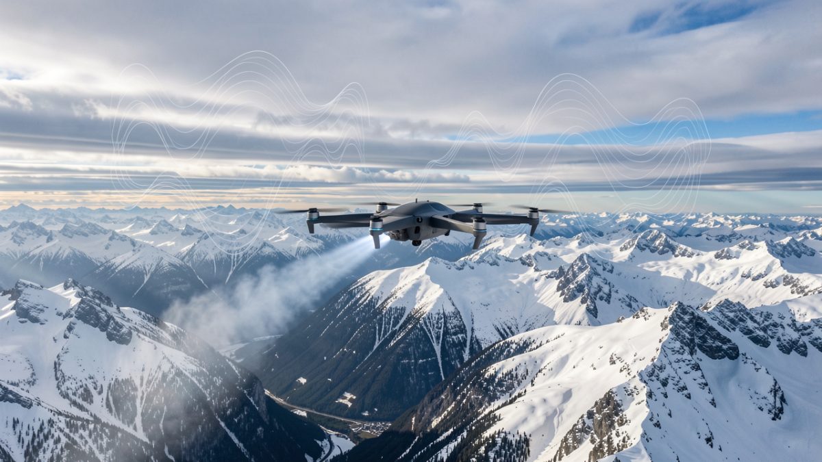 Drone VTOL d’ensemencement survolant des montagnes enneigées sous des nuages froids, avec une visualisation discrète de données météorologiques abstraites.
