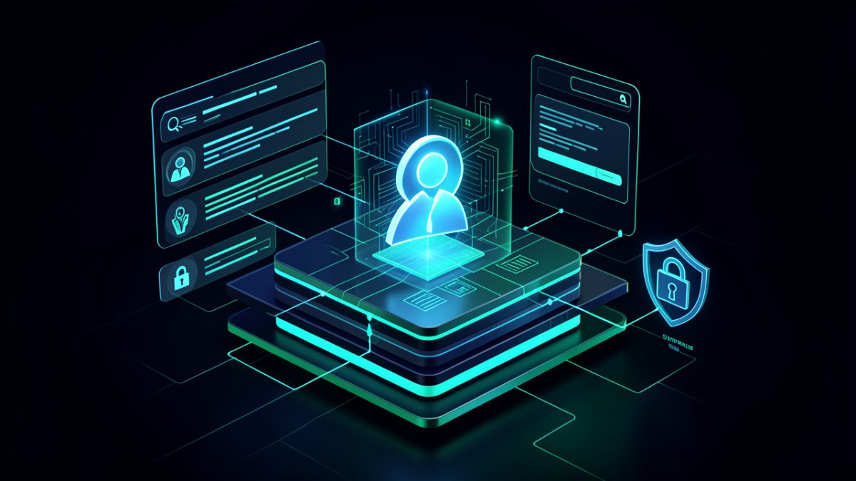 Illustration sombre de cybersécurité représentant une identité numérique analysée dans une base de données abstraite, entourée d’un bouclier et d’éléments de protection.