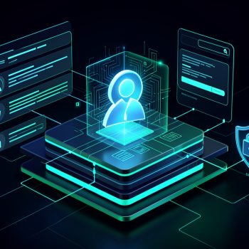 Illustration sombre de cybersécurité représentant une identité numérique analysée dans une base de données abstraite, entourée d’un bouclier et d’éléments de protection.