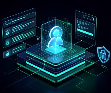 Illustration sombre de cybersécurité représentant une identité numérique analysée dans une base de données abstraite, entourée d’un bouclier et d’éléments de protection.