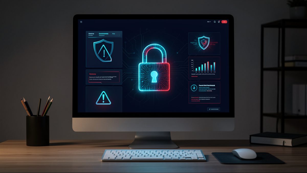 Ordinateur affichant une interface de cybersécurité sobre en bleu foncé, avec un cadenas numérique lumineux et des indicateurs d’alerte abstraits.