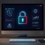 Quels outils choisir face au lookup Brixhub et aux données piratées ? Ordinateur affichant une interface de cybersécurité sobre en bleu foncé, avec un cadenas numérique lumineux et des indicateurs d’alerte abstraits.