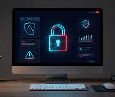 Ordinateur affichant une interface de cybersécurité sobre en bleu foncé, avec un cadenas numérique lumineux et des indicateurs d’alerte abstraits.