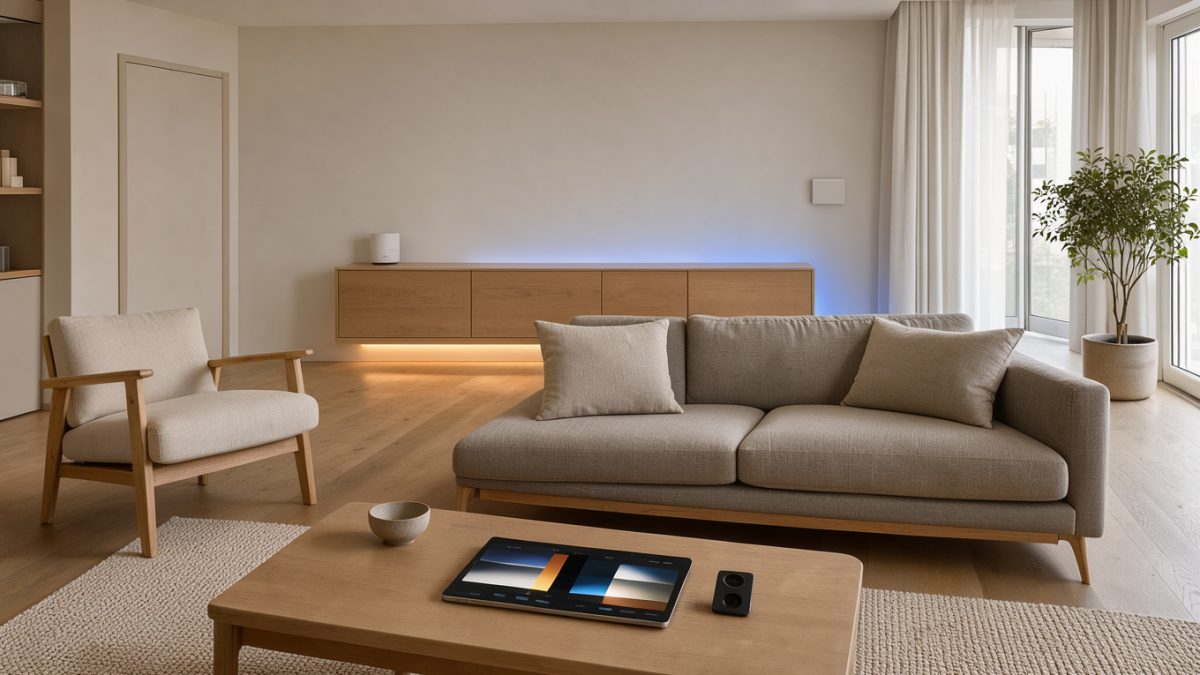 Salon moderne lumineux avec appareils domotiques discrets, tablette de contrôle et éclairage connecté.