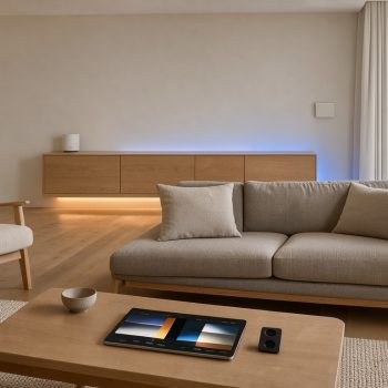 Salon moderne lumineux avec appareils domotiques discrets, tablette de contrôle et éclairage connecté.