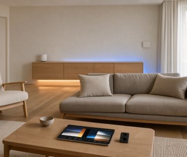 Salon moderne lumineux avec appareils domotiques discrets, tablette de contrôle et éclairage connecté.