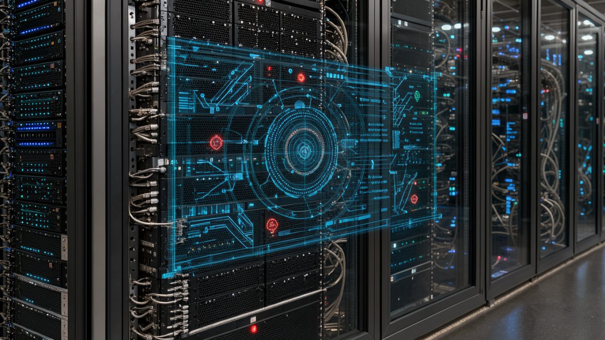 Serveur web sécurisé dans une salle informatique moderne, avec une interface lumineuse représentant la détection de menaces informatiques.