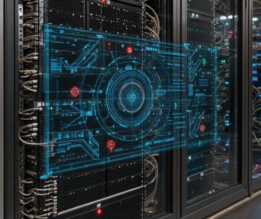 Serveur web sécurisé dans une salle informatique moderne, avec une interface lumineuse représentant la détection de menaces informatiques.