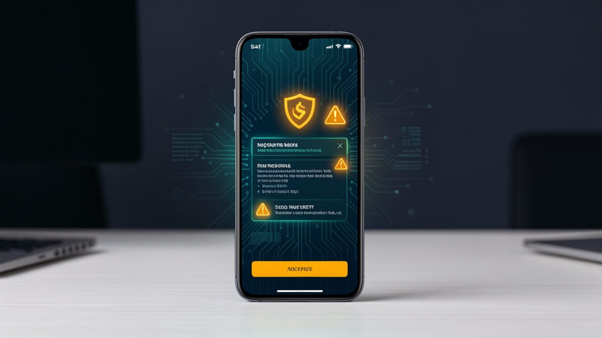 Smartphone présentant une interface abstraite de cybersécurité qui détecte un message suspect grâce à l’intelligence artificielle.