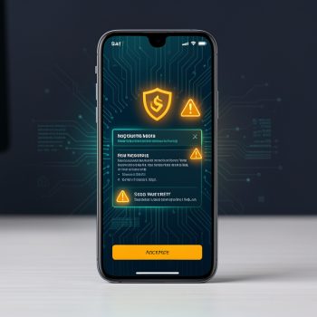 Smartphone présentant une interface abstraite de cybersécurité qui détecte un message suspect grâce à l’intelligence artificielle.
