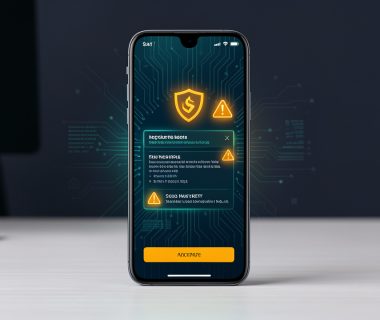 Smartphone présentant une interface abstraite de cybersécurité qui détecte un message suspect grâce à l’intelligence artificielle.
