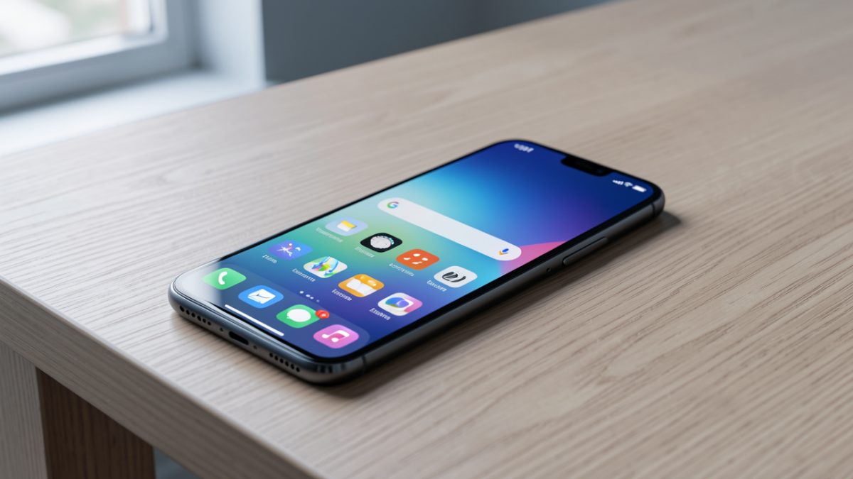 Smartphone moderne posé sur une table en bois, avec un écran AMOLED lumineux affichant une interface mobile abstraite et colorée dans une ambiance technologique sobre.