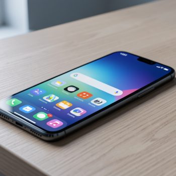 Smartphone moderne posé sur une table en bois, avec un écran AMOLED lumineux affichant une interface mobile abstraite et colorée dans une ambiance technologique sobre.