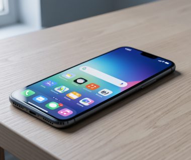 Smartphone moderne posé sur une table en bois, avec un écran AMOLED lumineux affichant une interface mobile abstraite et colorée dans une ambiance technologique sobre.