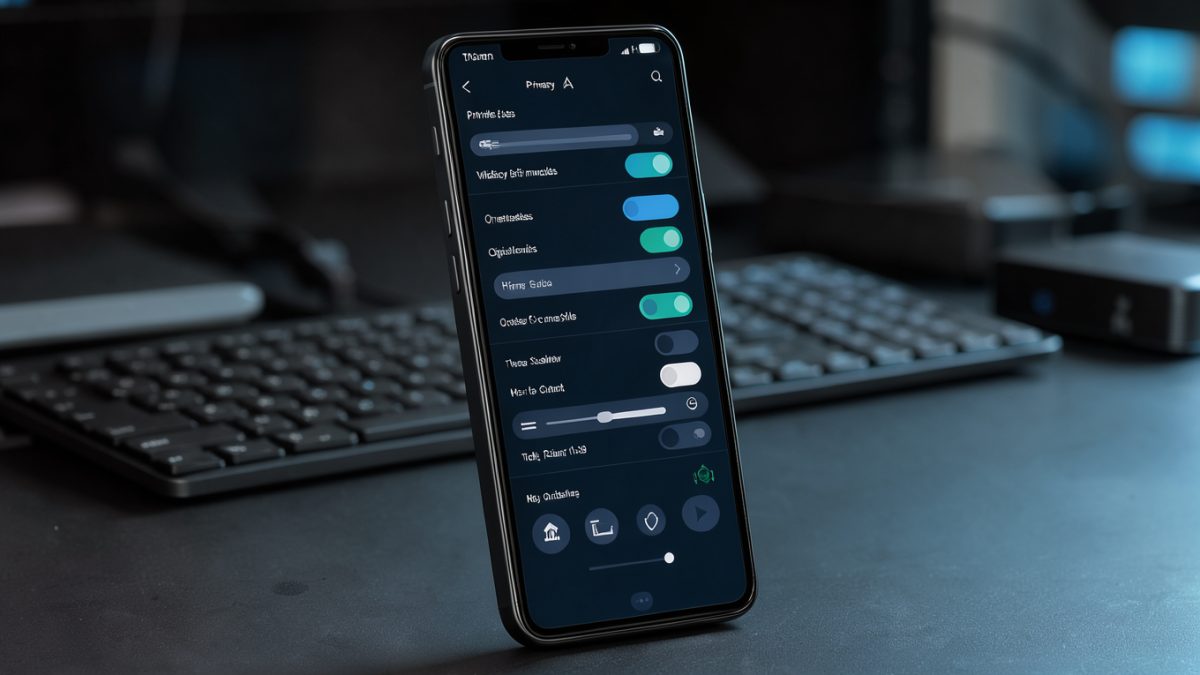 Smartphone noir affichant une interface bleue abstraite évoquant les réglages Wi-Fi et la confidentialité, dans une ambiance réaliste de cybersécurité.