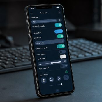 Smartphone noir affichant une interface bleue abstraite évoquant les réglages Wi-Fi et la confidentialité, dans une ambiance réaliste de cybersécurité.