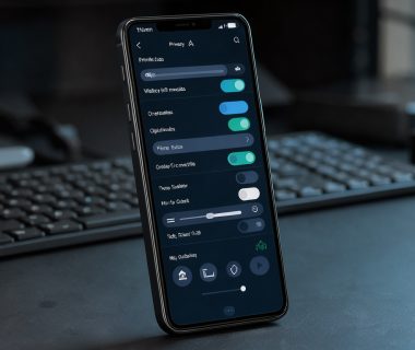 Smartphone noir affichant une interface bleue abstraite évoquant les réglages Wi-Fi et la confidentialité, dans une ambiance réaliste de cybersécurité.